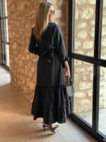 Kadın Uzun Kollu Eteği Fırfırlı Beli Kuşaklı Trikoton Tam Boy Gömlek Elbise - Görsel 7