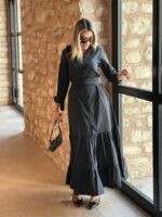 Kadın Uzun Kollu Eteği Fırfırlı Beli Kuşaklı Trikoton Tam Boy Gömlek Elbise - Görsel 8