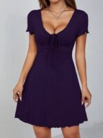 Kadın Kısa Kollu Derin Büzgülü V Yakalı Viskon Elbise - Görsel 2