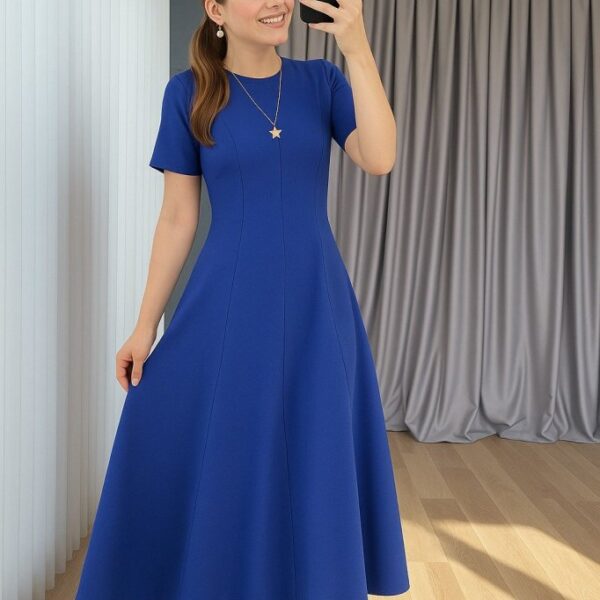 Kadın Kısa Kollu Bisiklet Yaka Maksi Boy Ithal Krep Elbise