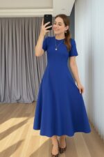 Kadın Kısa Kollu Bisiklet Yaka Maksi Boy Ithal Krep Elbise - Görsel 3