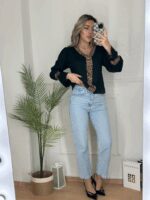 Kadın Uzun Kollu V Yakalı Leopar Detaylı Krep Bluz - Görsel 11