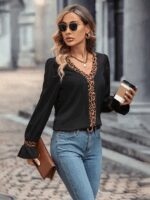 Kadın Uzun Kollu V Yakalı Leopar Detaylı Krep Bluz - Görsel 5