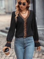 Kadın Uzun Kollu V Yakalı Leopar Detaylı Krep Bluz - Görsel 6