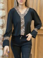 Kadın Uzun Kollu V Yakalı Leopar Detaylı Krep Bluz - Görsel 7