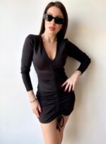 Kadın V Yaka önü Asansör Büzgü Detay Fırsat ürün Mini Elbise - Görsel 2