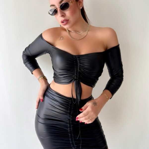 Kadın Büzgülü Deri Etek Takım Fırsat Ürün