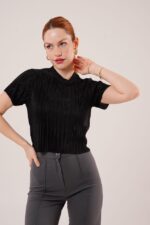 Fitilli Kısa Kollu Parlak Siyah Bluz