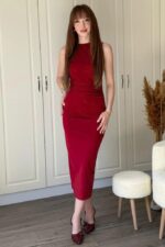 Kadın Sıfır Kol Sıfır Yaka Drape Detaylı Midi Janjan Krep Elbise - Görsel 2