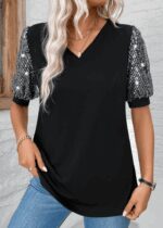 Kadın Kısa Kollu V Yakalı Pul Payet Detaylı Viskon Bluz - Görsel 3
