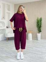 Kadın Kısa Kollu Bisiklet Yaka Viskon Iki Iplik Bluz Ve Pantolon Ikili Takım - Görsel 4