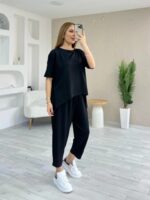 Kadın Kısa Kollu Bisiklet Yaka Viskon Iki Iplik Bluz Ve Pantolon Ikili Takım - Görsel 5