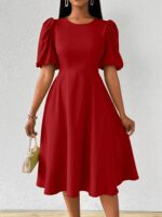 Kadın Kısa Balon Kollu Bisiklet Yaka Kiloş Janjan Krep Elbise - Görsel 4