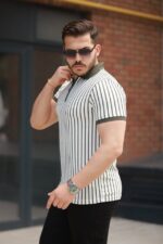 Erkek çizgili Fermuar Yakalı Kısa Kollu Tişört - Görsel 2