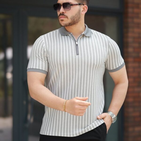 Erkek çizgili Fermuar Yakalı Kısa Kollu Tişört