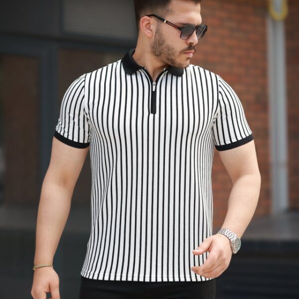 Erkek çizgili Fermuar Yakalı Kısa Kollu Tişört