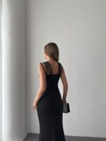 Kadın Omuz çoklu Askılı önü Taş Işlemeli Balık Kesim Janjan Krep Maxi Boy Elbise - Görsel 3