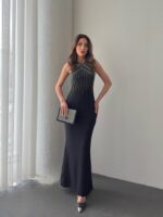 Kadın Omuz çoklu Askılı önü Taş Işlemeli Balık Kesim Janjan Krep Maxi Boy Elbise - Görsel 4