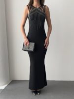 Kadın Omuz çoklu Askılı önü Taş Işlemeli Balık Kesim Janjan Krep Maxi Boy Elbise - Görsel 6