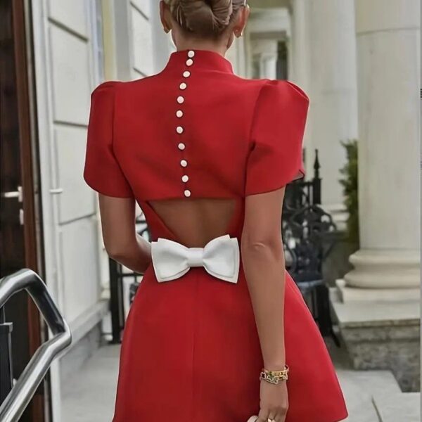 Kadın Kısa Kollu Balıkçı Yaka Arkadan Kelebek Dekolte Detaylı Kısa Atlas Elbise