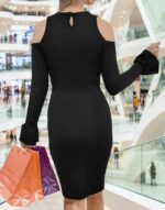 Kadın Uzun Kollu Bisiklet Yaka Omuz Açık Kol Ağzı Fırfır Detay Dalgıç Midi Boy Elbise - Görsel 11