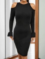 Kadın Uzun Kollu Bisiklet Yaka Omuz Açık Kol Ağzı Fırfır Detay Dalgıç Midi Boy Elbise - Görsel 8