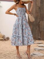 Kadın Ip Askılı Geniş V Yakalı Desenli Uzun Süprem Elbise - Görsel 2