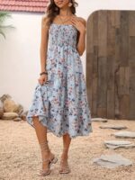 Kadın Ip Askılı Geniş V Yakalı Desenli Uzun Süprem Elbise - Görsel 6