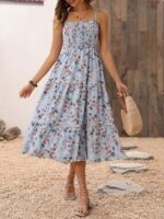 Kadın Ip Askılı Geniş V Yakalı Desenli Uzun Süprem Elbise - Görsel 7