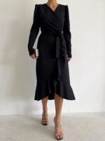 Krep Kumaş Midi Boy Kuşaklı Uzunkol Elbise 113 Cm - Görsel 11