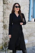 Krep Kumaş Midi Boy Kuşaklı Uzunkol Elbise 113 Cm - Görsel 13