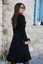 Krep Kumaş Midi Boy Kuşaklı Uzunkol Elbise 113 Cm - Görsel 14