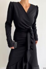 Krep Kumaş Midi Boy Kuşaklı Uzunkol Elbise 113 Cm - Görsel 15