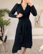 Krep Kumaş Midi Boy Kuşaklı Uzunkol Elbise 113 Cm - Görsel 5