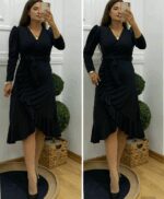 Krep Kumaş Midi Boy Kuşaklı Uzunkol Elbise 113 Cm - Görsel 6