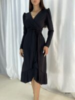 Krep Kumaş Midi Boy Kuşaklı Uzunkol Elbise 113 Cm - Görsel 7