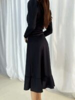 Krep Kumaş Midi Boy Kuşaklı Uzunkol Elbise 113 Cm - Görsel 8