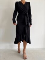 Krep Kumaş Midi Boy Kuşaklı Uzunkol Elbise 113 Cm - Görsel 9