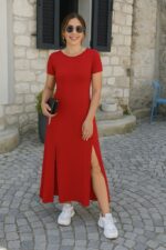 Kadın Kısa Kollu Sırt Dekolteli Yırtmaç Detaylı Viskon Elbise - Görsel 2