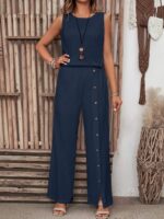 Kadın Kolsuz Düğmeli Asimetrik Detaylı Bürümcük Bluz Ve Pantolon Takım - Görsel 3