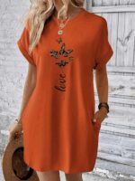 Kadın Kısa Kollu Bisiklet Yaka Cepli Kelebek Baskılı Viskon Elbise - Görsel 3