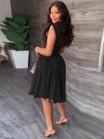 Kadın Yakalı Belden Oturmalı önden Büzgülü Dokuma Mini Elbise - Görsel 2