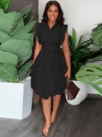 Kadın Yakalı Belden Oturmalı önden Büzgülü Dokuma Mini Elbise - Görsel 3