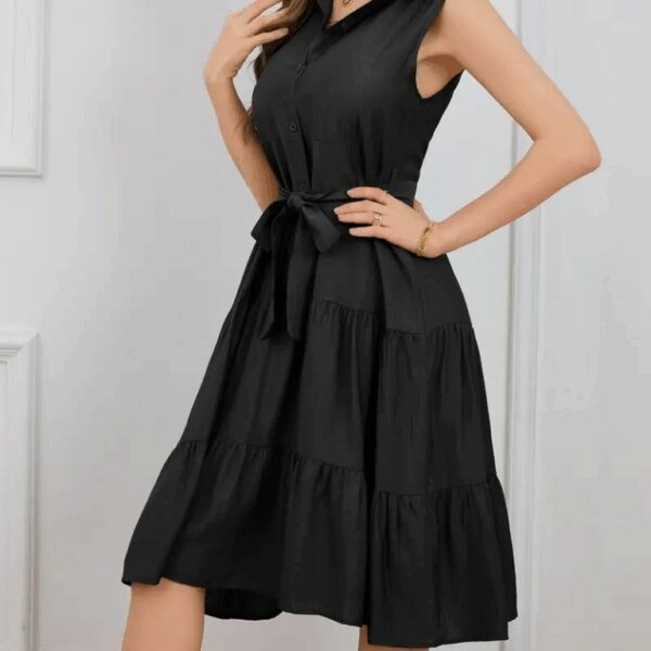 Kadın Kısa Kollu Gömlek Yaka Düğmeli Beli Kuşaklı Katlı Dokuma Midi Elbise