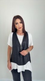 Kadın Kısa Kollu Yuvarlak Yaka Viskon Bluz + Kolsuz Fermuarlı çatlak Deri Yelek