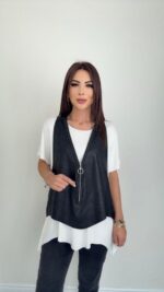 Kadın Kısa Kollu Yuvarlak Yaka Viskon Bluz + Kolsuz Fermuarlı çatlak Deri Yelek - Görsel 2