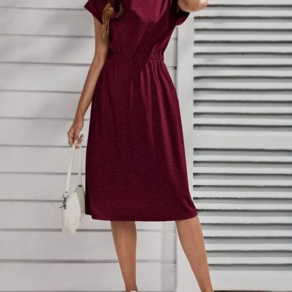 Kadın Kısa Kollu Bisiklet Yaka Belden Lastikli Midi Viskon Elbise
