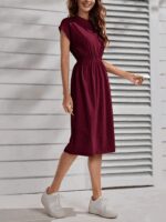 Kadın Kısa Kollu Bisiklet Yaka Belden Lastikli Midi Viskon Elbise - Görsel 2