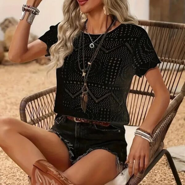 Kadın Kısa Kollu Bisiklet Yaka Desenli Triko Bluz