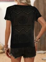 Kadın Kısa Kollu Bisiklet Yaka Desenli Triko Bluz - Görsel 4